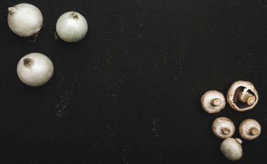 Mantar ve soğan siyah arka plan, üstten görünüm ve kopya alanı