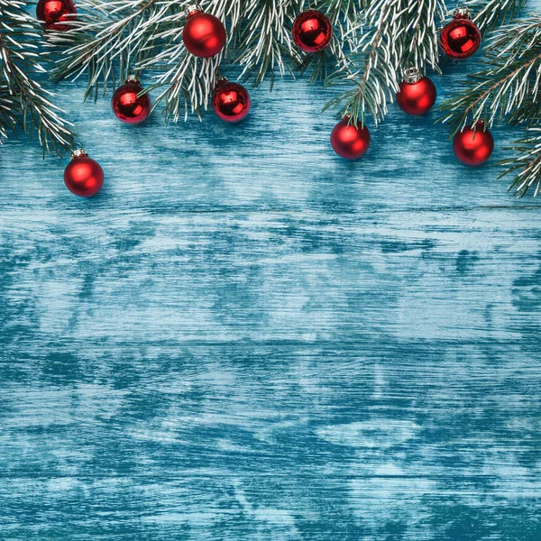 Christmas Azure Christmas Background Fir Branches Red Globes Space Text — Stock Photo, Image