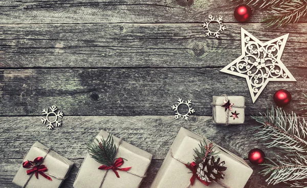 Christmas Greeting Card Horizontal Shape Old Wooden Background Gifts Handmade — Stock Photo, Image