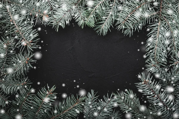 Black Stone Background Frame Fir Branches Snow Effect Space Text — Stock Photo, Image
