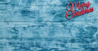 Neşeli Noel işareti, üstten görünüm, mavi ahşap arka plan, Noel tebrik kartı