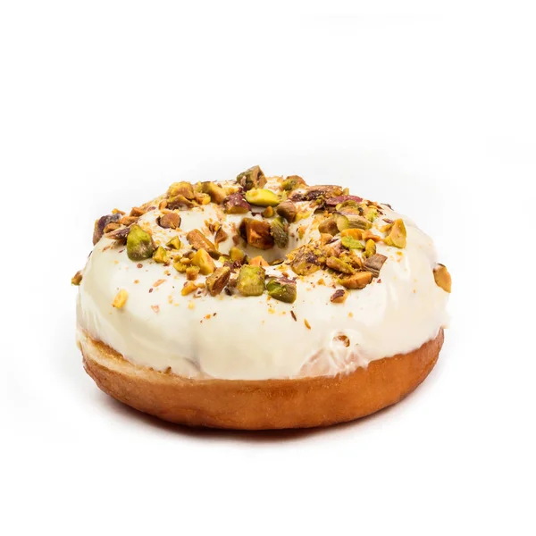 Donut Mit Weißer Sahne Und Haselnusskern Isoliert Auf Weißem Hintergrund — Stockfoto