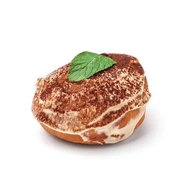 釉面甜甜圈 配奶油和巧克力粉 从四十五度角度观看 孤立图像 — 图库照片
