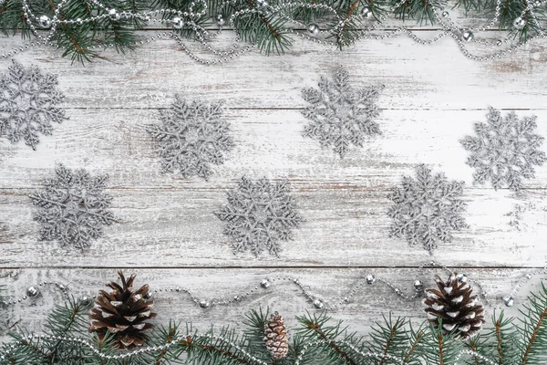 Garlands Snowflakes Old Wooden Christmas Background Fir Branches Cones Xmas — Stock Photo, Image
