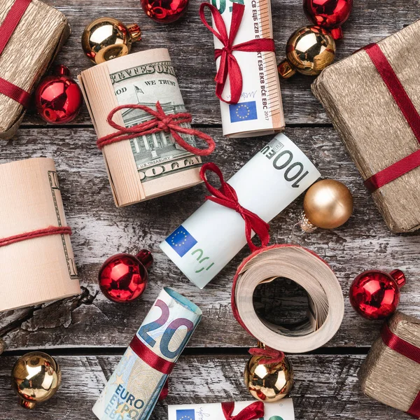 Old Wooden Background American Money Gifts Christmas Items Top View — Stock Photo, Image