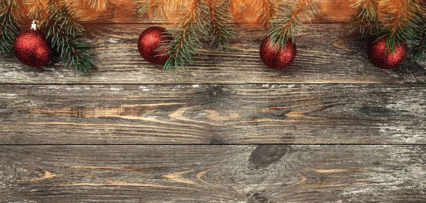 Vieux Fond Bois Avec Des Branches Sapin Orné Boules Espace — Photo