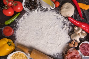 Malzemeler pizza, peynir, salam, mantar, domates, biber, zeytin, petrol soğan rucola fesleğen sarımsak hamur salça ve un