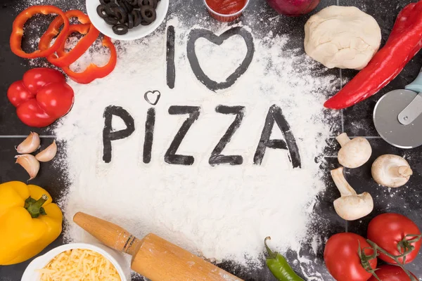 Ingredientes Para Pizza Queso Champiñones Tomates Pimientos Aceitunas Cebolla Ajo — Foto de Stock