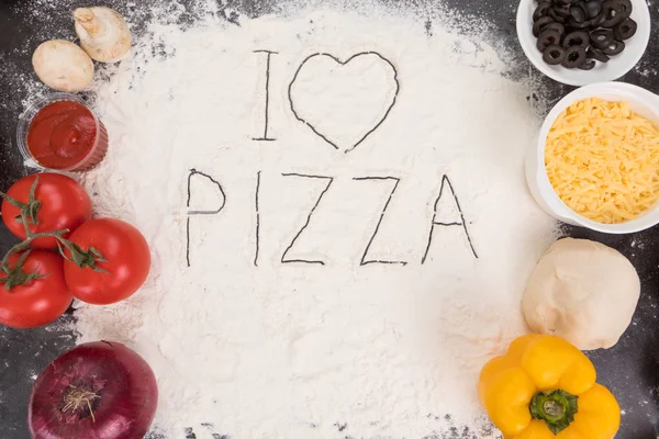 Ingredientes Para Pizza Queso Champiñones Tomates Pimientos Aceitunas Masa Cebolla — Foto de Stock