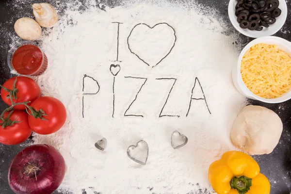 Ingredientes Para Pizza Queso Champiñones Tomates Pimientos Aceitunas Masa Cebolla — Foto de Stock