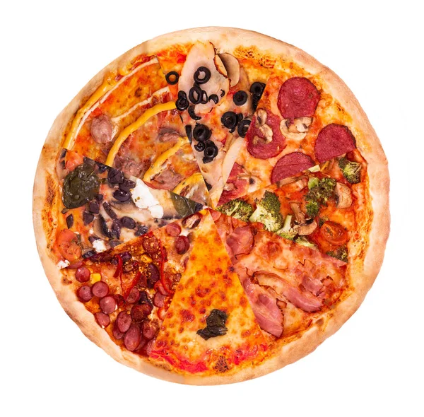 Διαφορετικές Φέτες Πίτσα Ένα Μεγάλο Πίτσα Απομονώνονται Λευκό Φόντο Εικόνα — Φωτογραφία Αρχείου