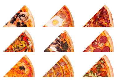 Beyaz arka planda izole edilmiş en iyi geleneksel pizzalardan oluşan bir set. Menü kartı, fast food, web tasarımı ve diğer reklamlar için resim