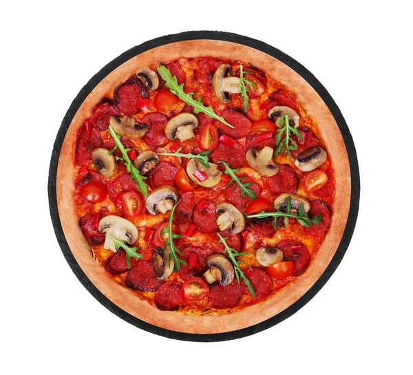 Pizza Saborosa Quente Com Salame Picante Rúcula Tomate Cereja Cogumelos — Fotografia de Stock