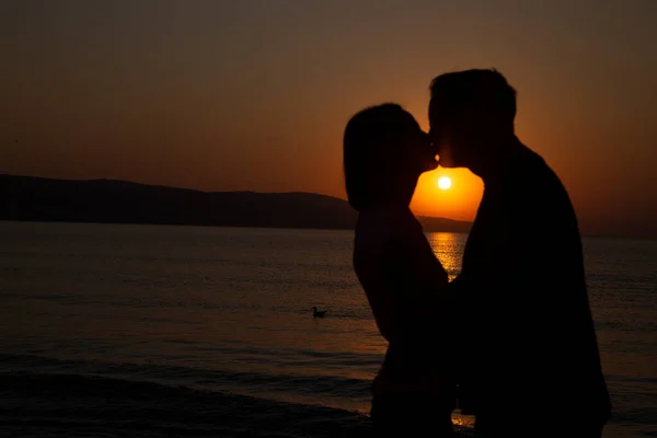 Silhouette Romantic Lovers Hug Sea Ocean Beautiful Sunset Couple Standing Royalty Free Stock Photos