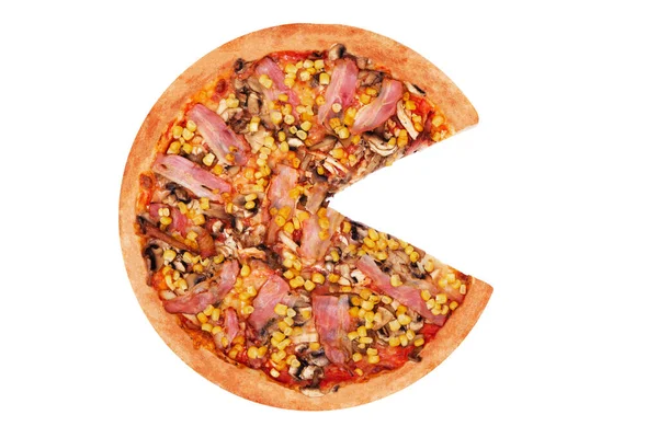 Pizza Com Peito Frango Milho Bacon Cogumelos Sem Uma Fatia — Fotografia de Stock