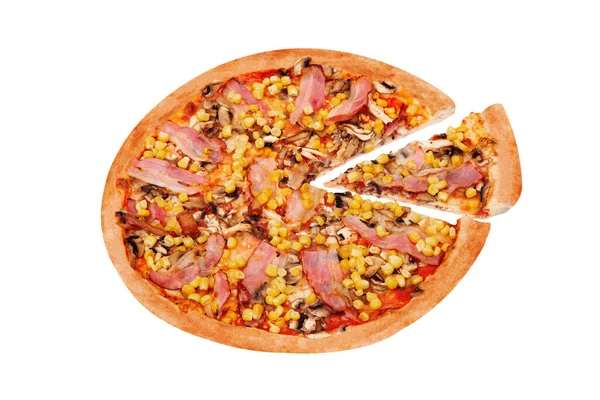 Lekkere Pizza Met Kipfilet Maïs Spek Champignons Met Een Plakje — Stockfoto