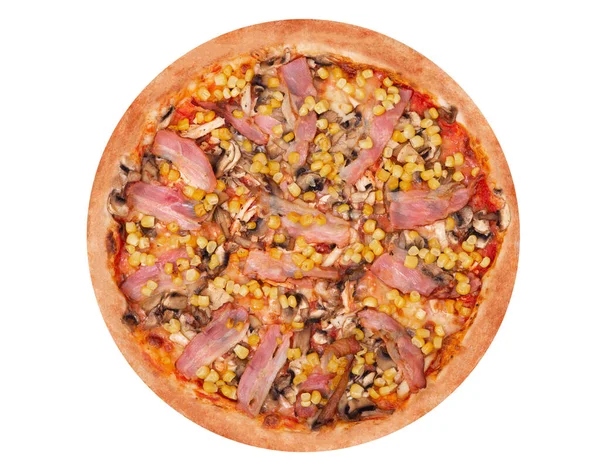 Italiaanse Pizza Met Kipfilet Maïs Spek Champignons Geïsoleerd Witte Achtergrond — Stockfoto