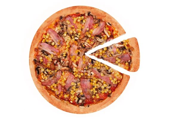 Lekkere Pizza Met Kipfilet Maïs Spek Champignons Met Een Plakje — Stockfoto