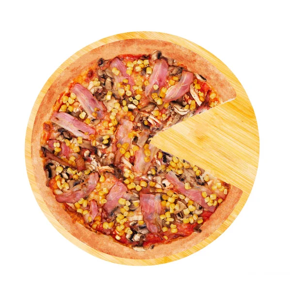Leckere Pizza Mit Hühnerbrust Mais Speck Und Champignons Ohne Scheibe — Stockfoto