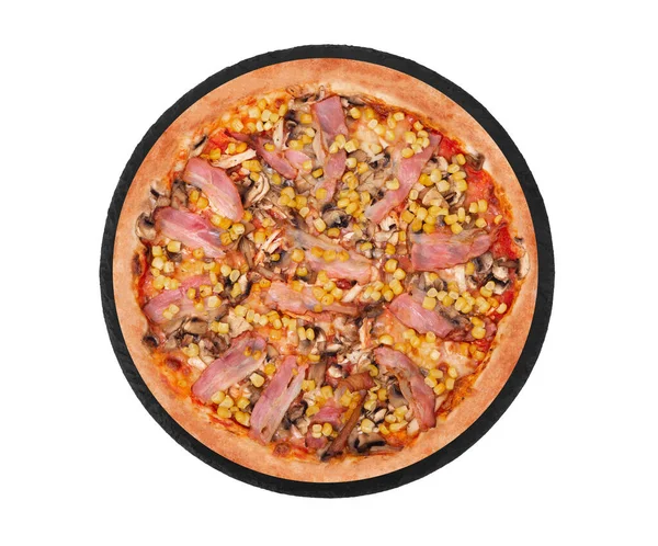 Pizza Inteira Italiana Com Peito Frango Milho Bacon Cogumelos Uma — Fotografia de Stock