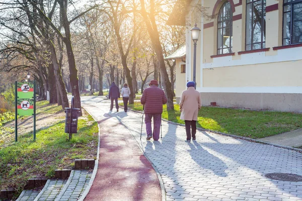 Yaşlı kadınlar ve genç çift park yolu boyunca yürürler. Kadınlardan biri İskandinav bastonu kullanıyor. Nyiregyhaza, Macaristan