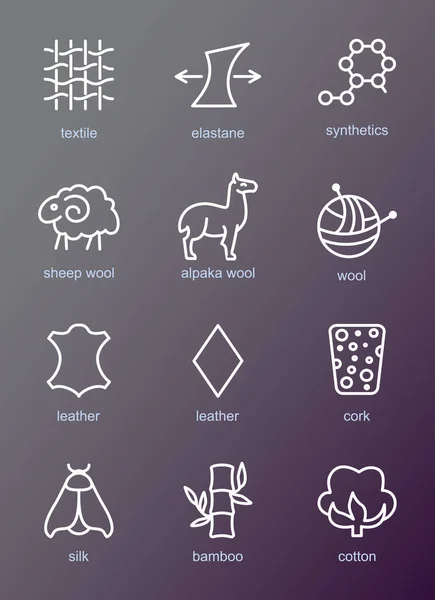 Kumaş özelliklerinin vektör çizgisi simgeleri, giysi özellikleri sembolleri. Elementler, pamuk, yün, su geçirmez, UV koruması. Doğrusal giyim etiketleri, tekstil endüstrisi piktogramı.