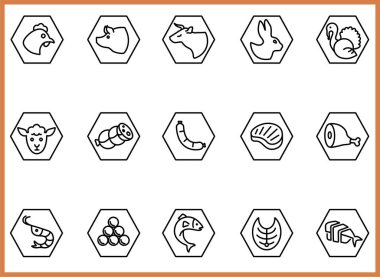 Restoran, kalın çizgi simgeleri. Çizimler bir vektör, düzenlenebilir vuruş, EPS 10. Restoranlar ve gıda etiketleri için et ve balık simgesi ayarlandı.