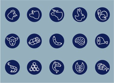 Restoran, kalın çizgi simgeleri. Çizimler bir vektör, düzenlenebilir vuruş, EPS 10. Restoranlar ve gıda etiketleri için et ve balık simgesi ayarlandı.