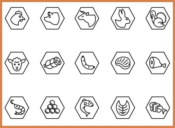 Restoran, kalın çizgi simgeleri. Çizimler bir vektör, düzenlenebilir vuruş, EPS 10. Restoranlar ve gıda etiketleri için et ve balık simgesi ayarlandı.