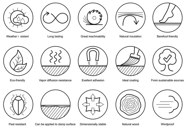 Propiedades Madera Iconos Vector Conjunto Iconos Línea Círculos — Archivo Imágenes Vectoriales
