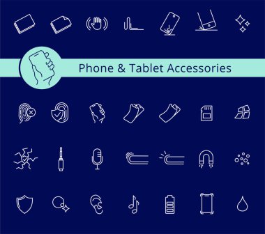 Telefon ve Tablet kapakları ve aksesuar özellikleri simgesi seti, vektör. Çizgi simgeleriniz. Düzenlenebilir vuruşlar. Düğme koruması, ısıtılmış cam, çatlak önleyici.