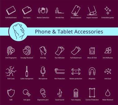 Telefon ve Tablet kapakları ve aksesuar özellikleri simgesi seti, vektör. Çizgi simgeleriniz. Düzenlenebilir vuruşlar. Düğme koruması, ısıtılmış cam, çatlak önleyici.