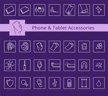 Telefon ve Tablet kapakları ve aksesuar özellikleri simgesi seti, vektör. Çizgi simgeleriniz. Düzenlenebilir vuruşlar. Düğme koruması, ısıtılmış cam, çatlak önleyici.