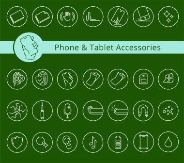 Telefon ve Tablet kapakları ve aksesuar özellikleri simgesi seti, vektör. Çizgi simgeleriniz. Düzenlenebilir vuruşlar. Düğme koruması, ısıtılmış cam, çatlak önleyici.