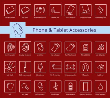 Telefon ve Tablet kapakları ve aksesuar özellikleri simgesi seti, vektör. Çizgi simgeleriniz. Düzenlenebilir vuruşlar. Düğme koruması, ısıtılmış cam, çatlak önleyici.