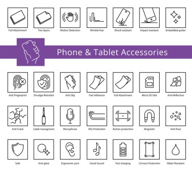 Telefon ve Tablet kapakları ve aksesuar özellikleri simgesi seti, vektör. Çizgi simgeleriniz. Düzenlenebilir vuruşlar. Düğme koruması, ısıtılmış cam, çatlak önleyici.