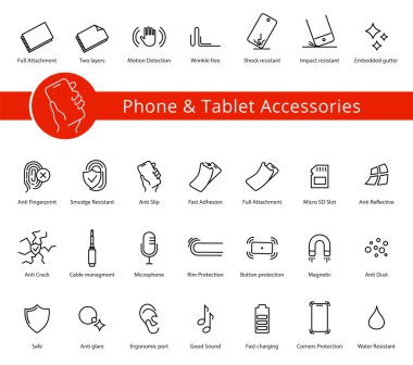 Telefon ve Tablet kapakları ve aksesuar özellikleri simgesi seti, vektör. Çizgi simgeleriniz. Düzenlenebilir vuruşlar. Düğme koruması, ısıtılmış cam, çatlak önleyici.