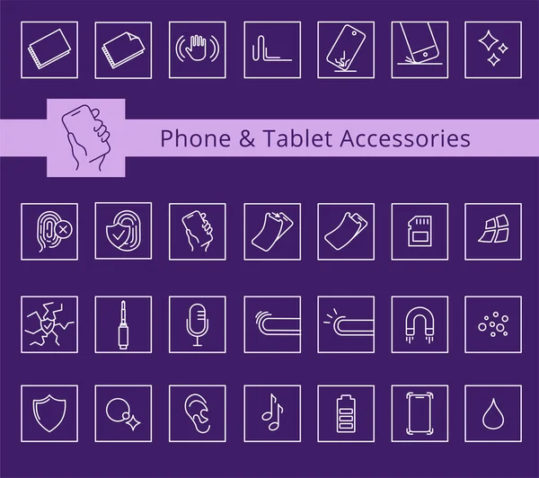Telefon ve Tablet kapakları ve aksesuar özellikleri simgesi seti, vektör. Çizgi simgeleriniz. Düzenlenebilir vuruşlar. Düğme koruması, ısıtılmış cam, çatlak önleyici.