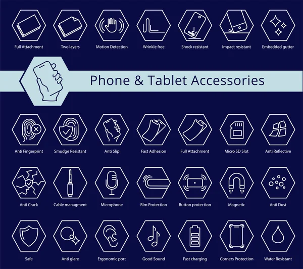 Telefon ve Tablet kapakları ve aksesuar özellikleri simgesi seti, vektör. Çizgi simgeleriniz. Düzenlenebilir vuruşlar. Düğme koruması, ısıtılmış cam, çatlak önleyici.