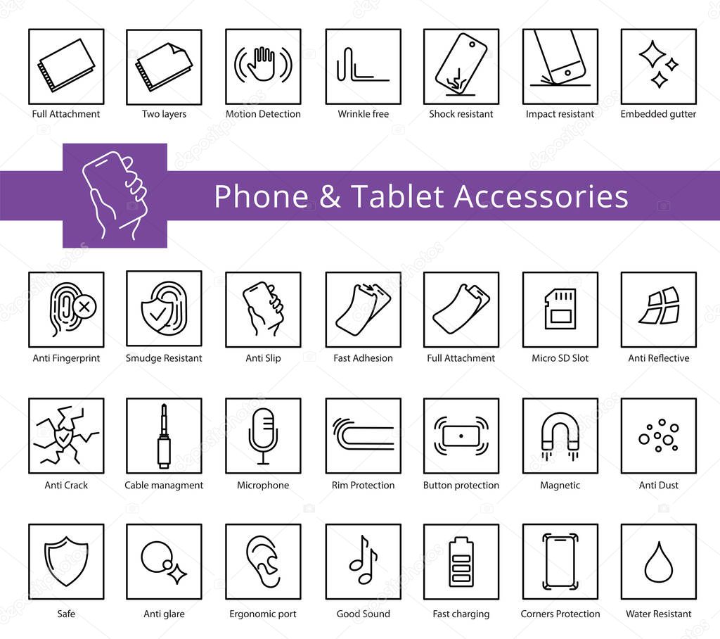 Phone and Tablet covers and accessories properties icon set, vector. Thine line icons. Editable strokes. Button protection, Tempered glass, anti-crack
