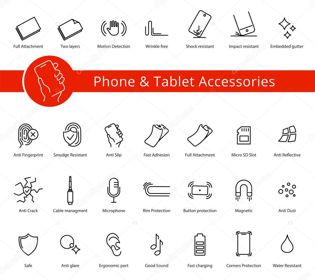 Phone and Tablet covers and accessories properties icon set, vector. Thine line icons. Editable strokes. Button protection, Tempered glass, anti-crack
