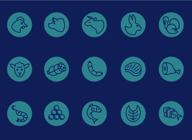 Restoran, kalın çizgi simgeleri. Çizimler bir vektör, düzenlenebilir vuruş, EPS 10. Restoranlar ve gıda etiketleri için et ve balık simgesi ayarlandı.