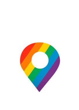 Pin simgesi vektörü. Gökkuşağı rengi. Yer işareti izole edildi. LGBT toplum sembolü. Navigasyon haritası, yön, yer, pusula, temas, arama konsepti. LGBTQ + ilgili sembol. Sevgi, Özgürlük, Destek. Vektör