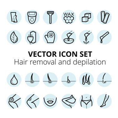 İnce çizgiler web simgesi seti - Depilasyon ve epilasyon. Şekerleme, ağda, fotoğraf çekme, saç kesme. Alerji, cilt tahrişi, ağrı simgeleri. 