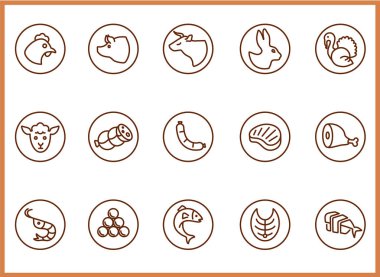 Restoran, kalın çizgi simgeleri. Çizimler bir vektör, düzenlenebilir vuruş, EPS 10. Restoranlar ve gıda etiketleri için et ve balık simgesi ayarlandı.