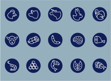 Restoran, kalın çizgi simgeleri. Çizimler bir vektör, düzenlenebilir vuruş, EPS 10. Restoranlar ve gıda etiketleri için et ve balık simgesi ayarlandı.