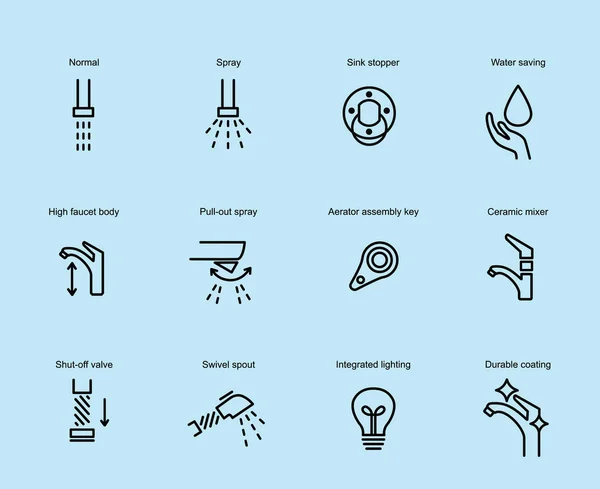 Plumbing Sewerage Pipe Faucet Properties Thin Line Vector Icons Set — Stock Photo, Image