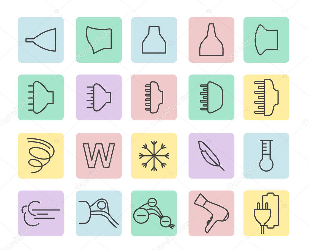 Hair dryer properties icons. Thine line icon set