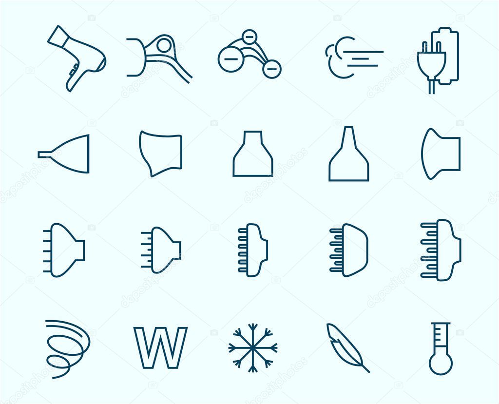 Hair dryer properties icons. Thine line icon set