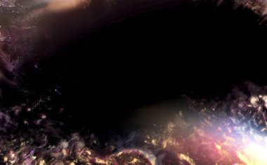 Parlayan ışık çizgileri ve renkli desenli kenarları olan soyut koyu arkaplan.